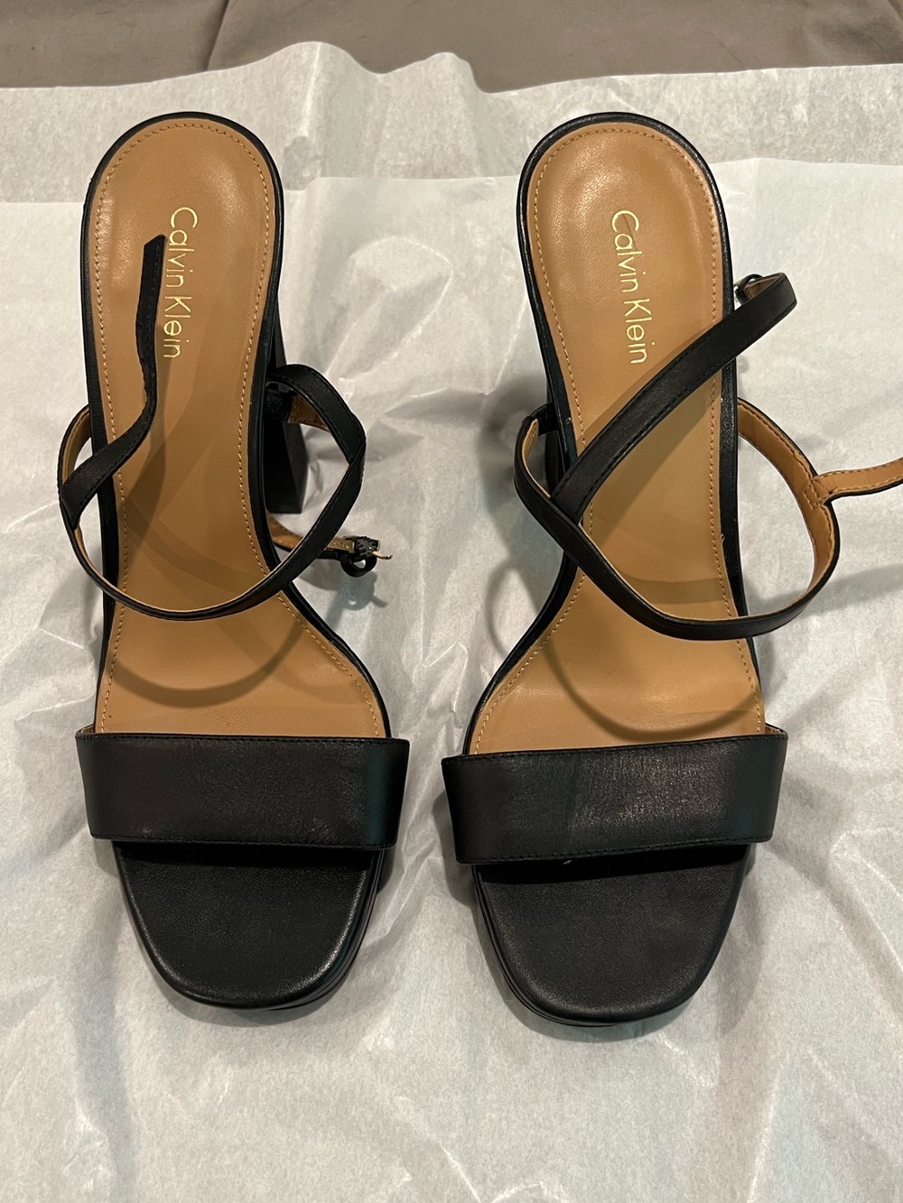 {Calvin Klein}: Black Strappy Block Heel Sandals / 9